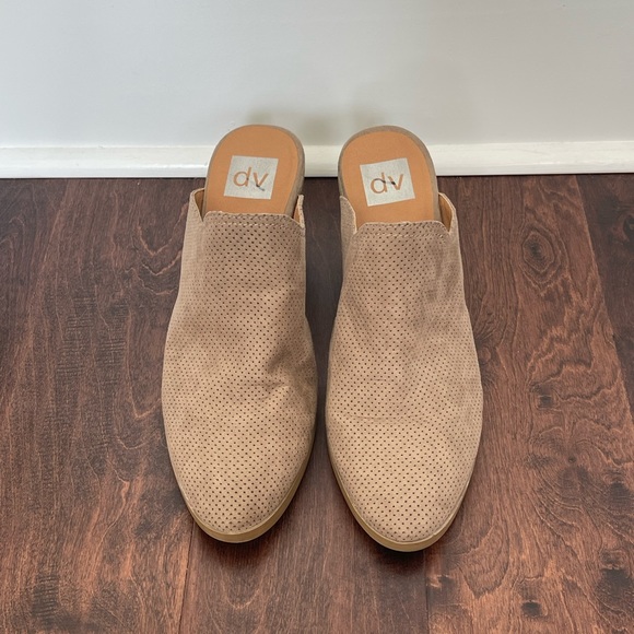 Dolce Vita Tan Mules Heels Slip-On Shoes, Vegan Suede, Chunky Heel DV SOLD! - Picture 3 of 5
